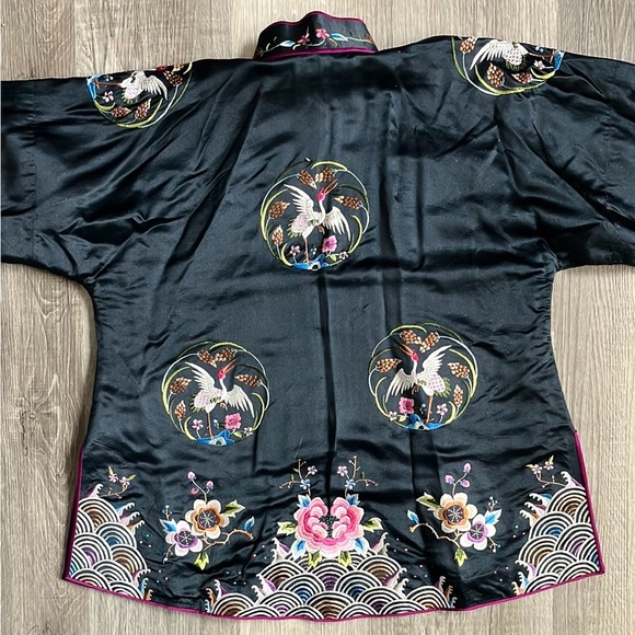 Vintage 1960s Chinese 100% Silk Black Embroidered Jacket Mandarin Collar Medium - Picture 14 of 16